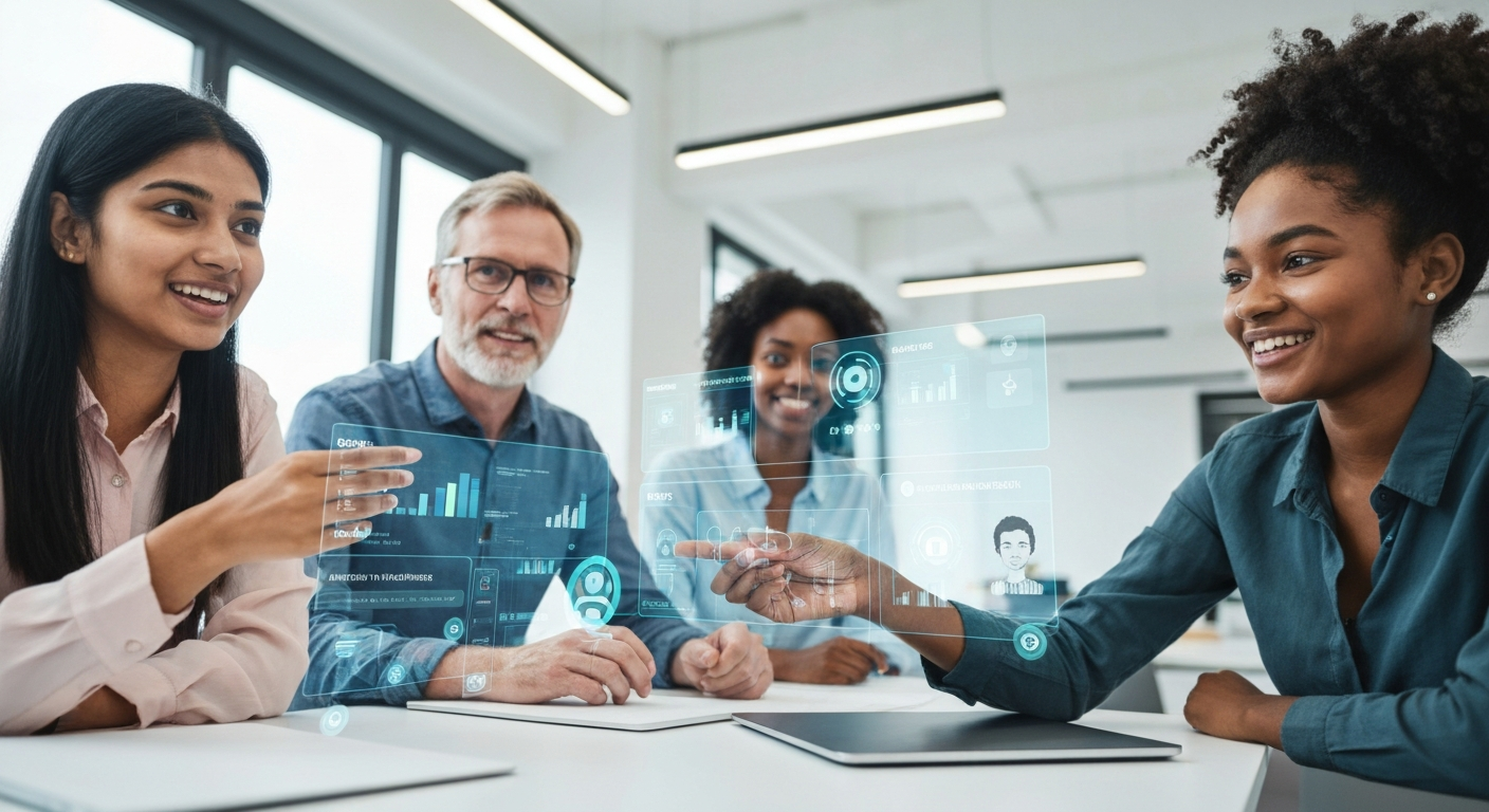 Team collaborating with digital meeting tools