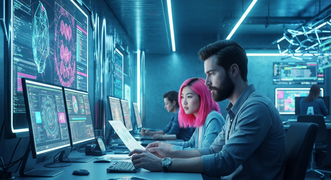 Futuristic AI marketing workspace