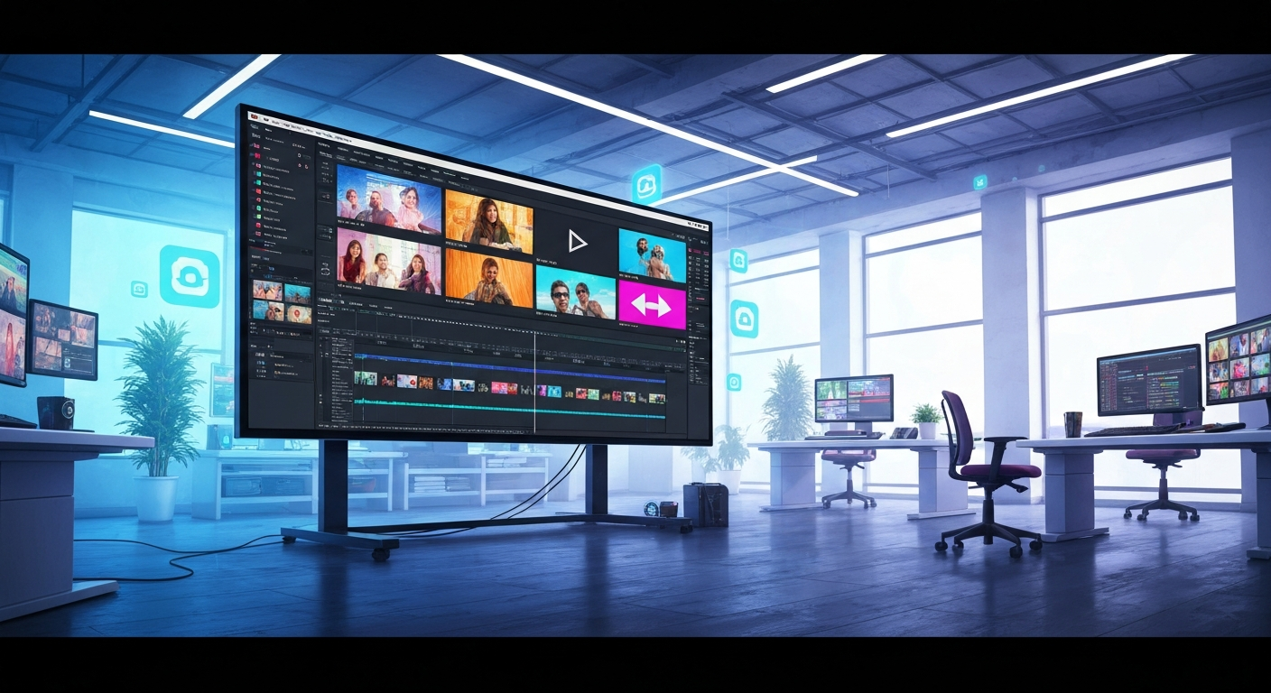 Vibrant workspace with video editing display