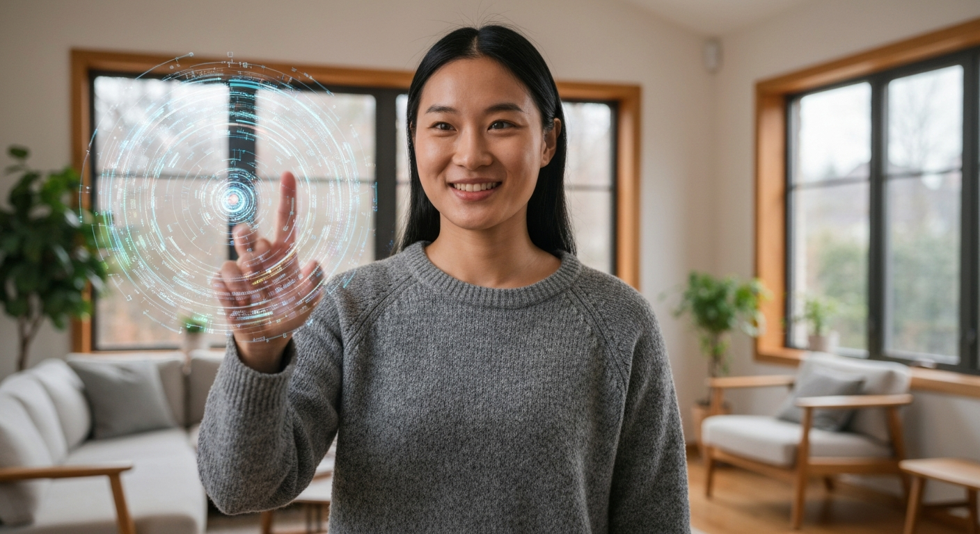 Person with AI hologram at home