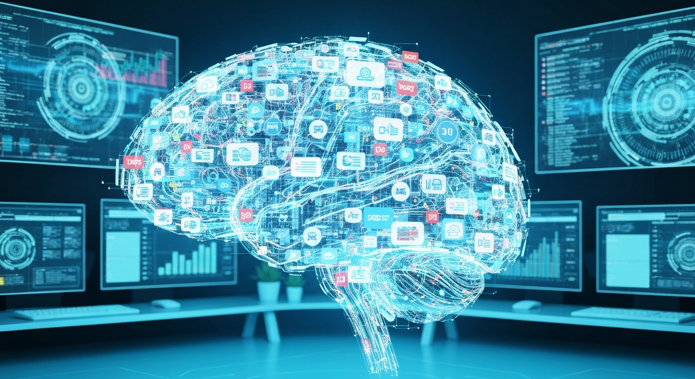 Digital brain with ad icons and data streams