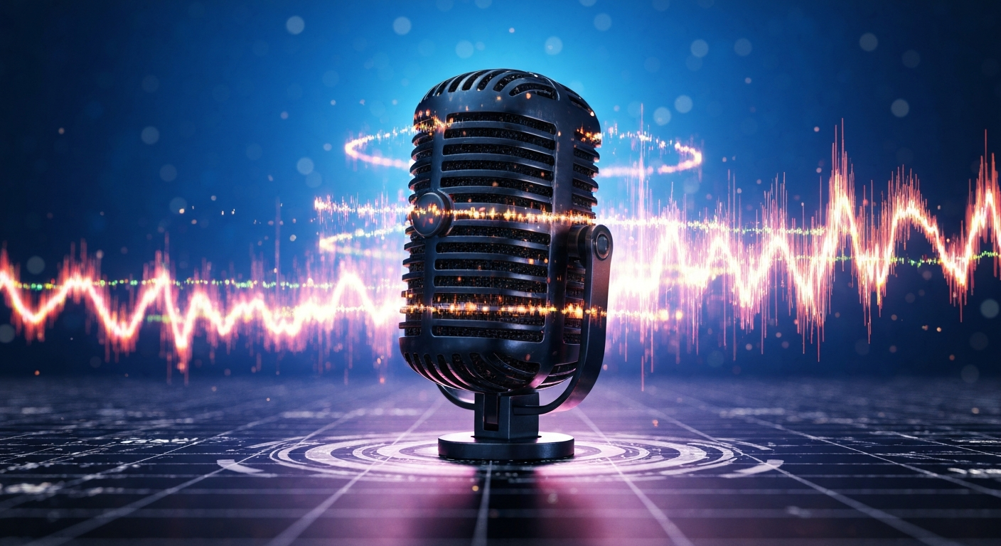 Futuristic microphone with digital waves