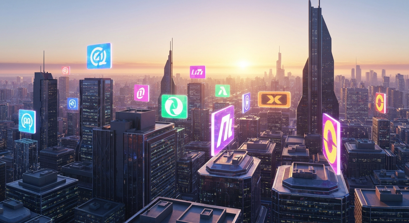 Digital cityscape with brand logos
