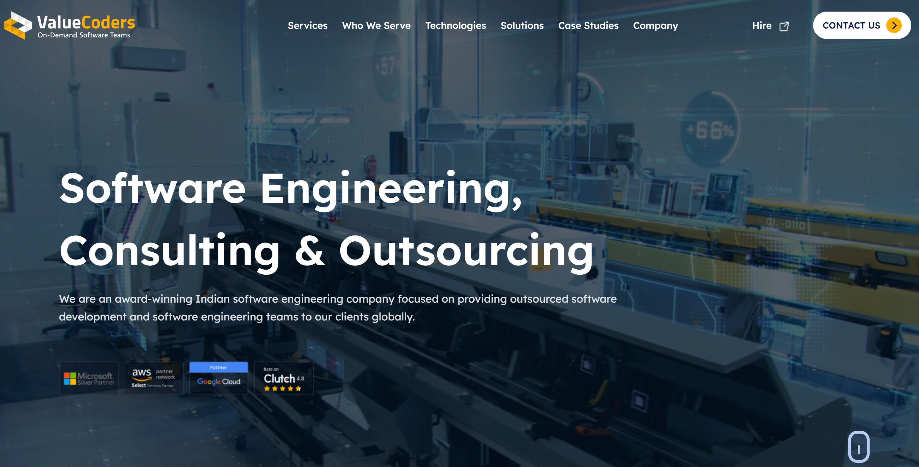 ValueCoders homepage highlighting flexible offshore development teams and emerging technology expertise