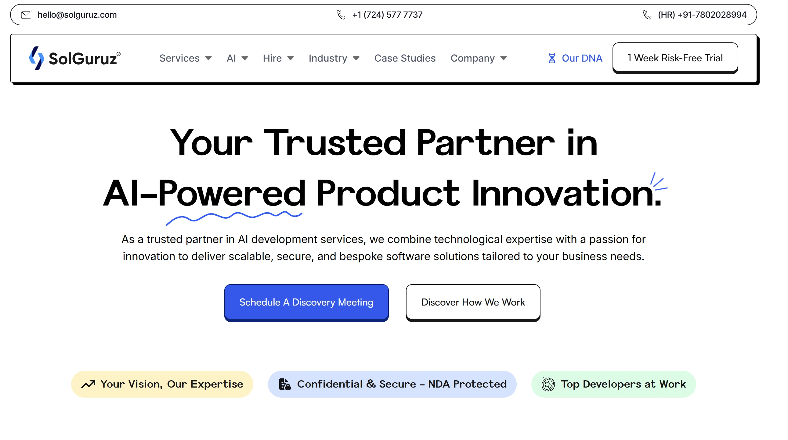 SolGuruz homepage showcasing agile-driven software development with generative AI and OpenAI integrations
