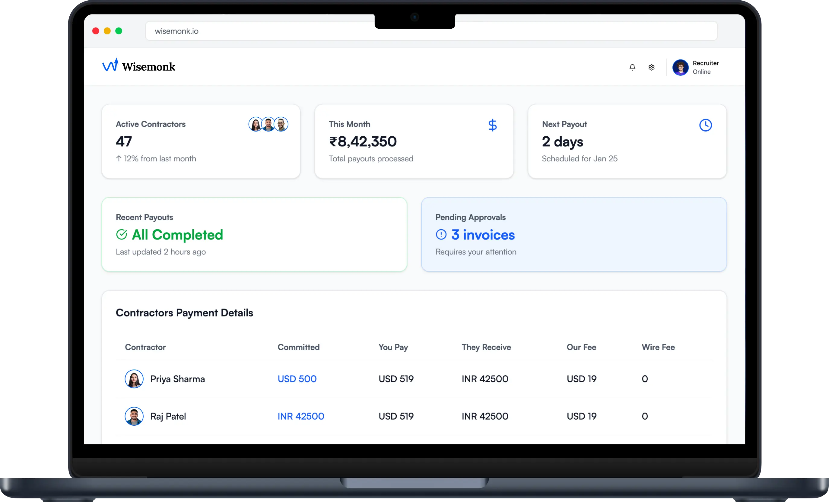 Dashboard showing Wisemonk contractor payouts, active contractors, pending invoices, and payment details.