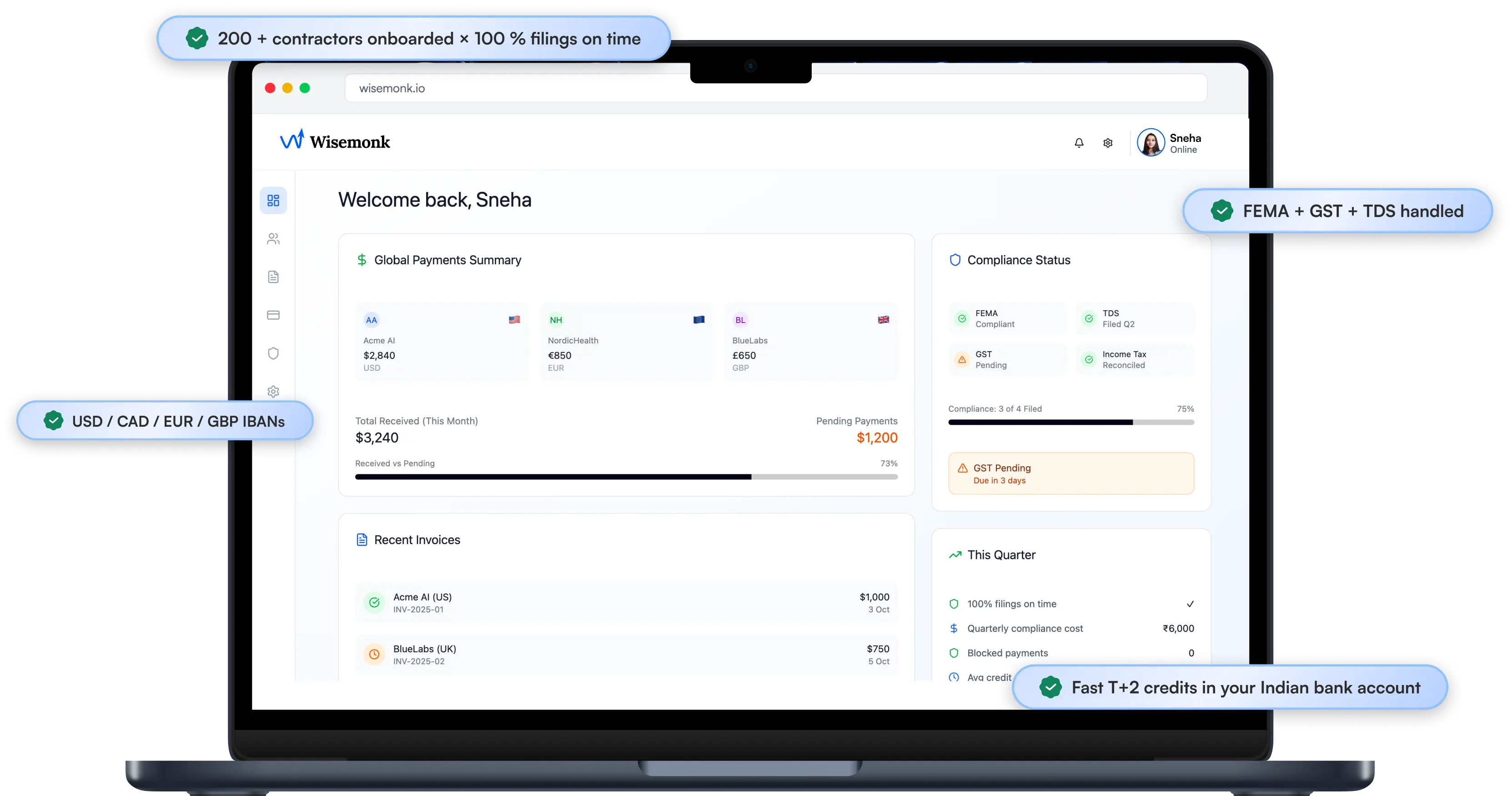 Wisemonk dashboard showing global payments, compliance status, and invoices with highlights of fast payouts, multi-currency IBANs, and handled tax filings.