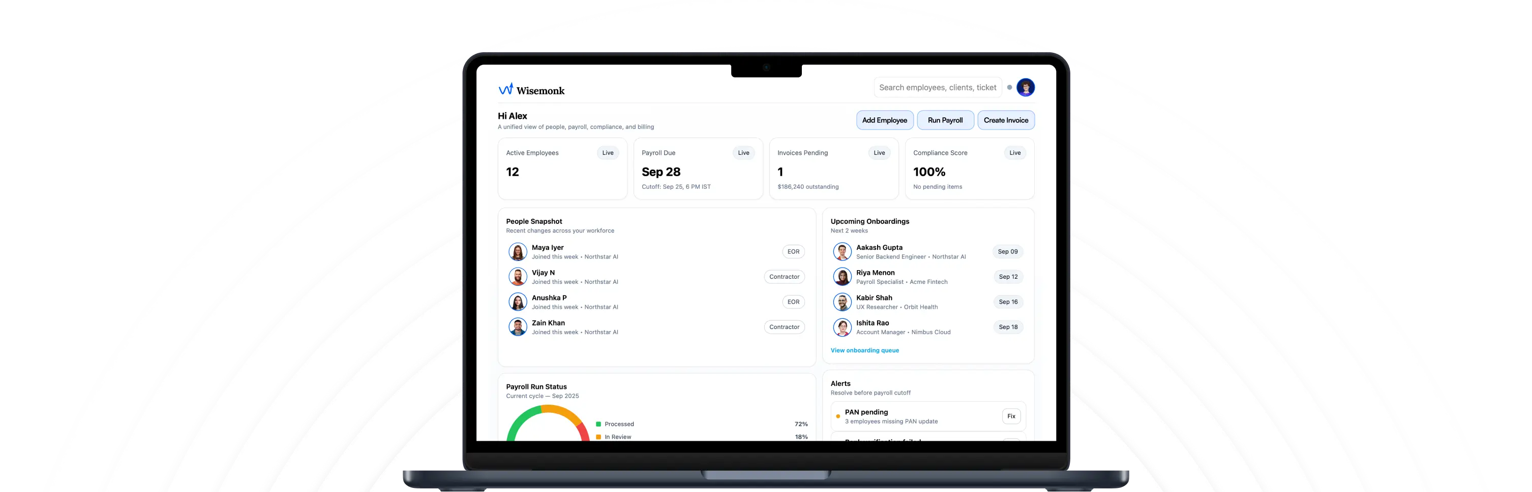 Wisemonk dashboard showing employee management, payroll due dates, compliance score, onboarding schedule, and payroll run status.