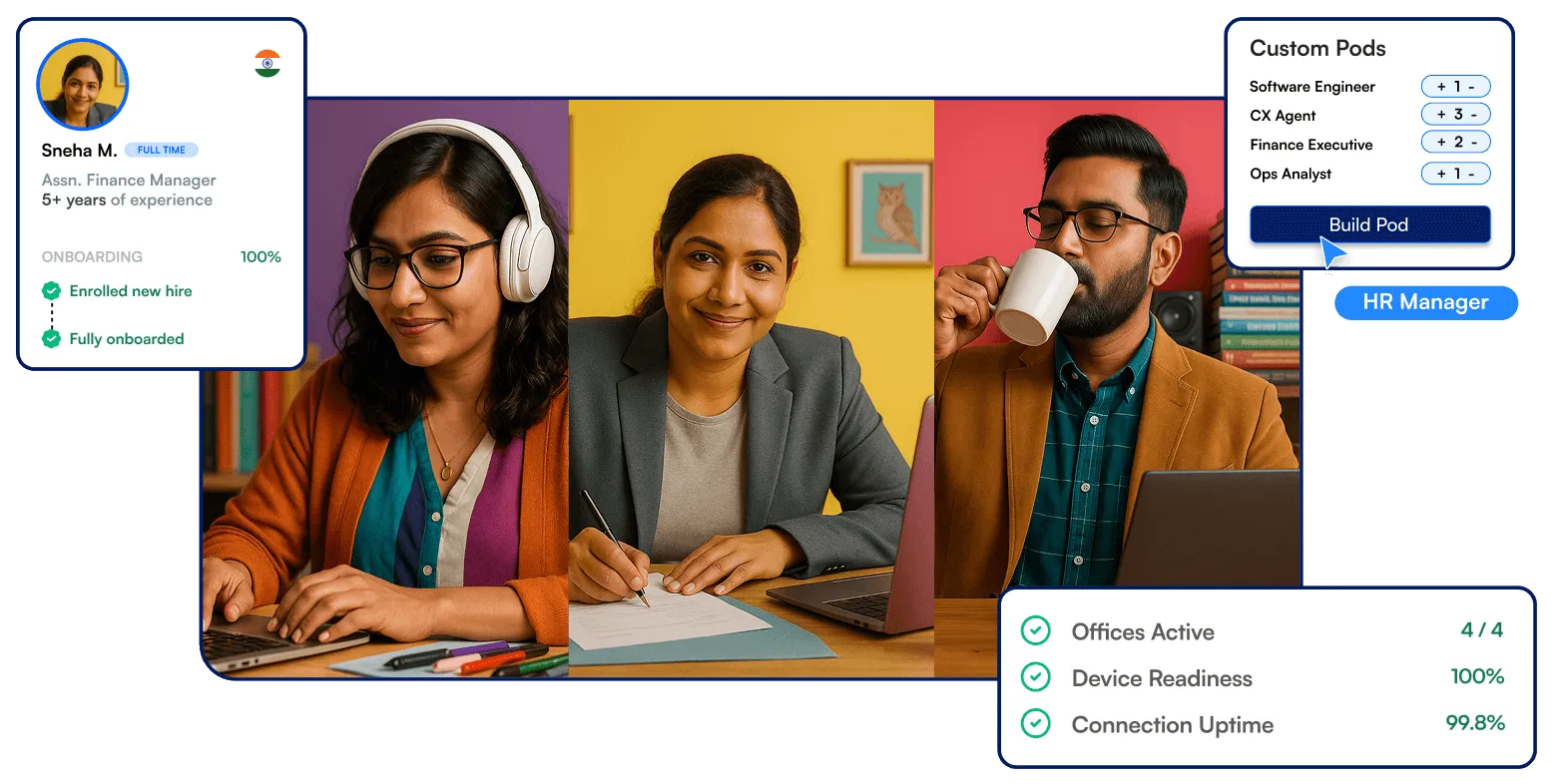 Three professionals from different fields working remotely with devices, showcasing Wisemonk’s custom pods feature for team building, with status indicators for onboarding and device readiness.