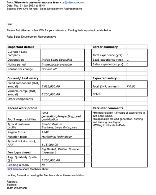 Example of how to effectively share the most important information of a candidate to a hiring manager.