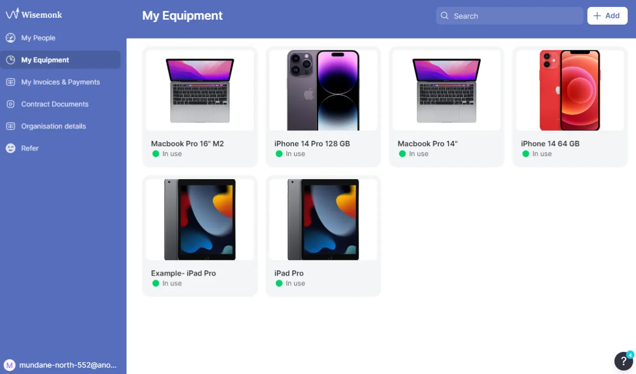 Wisemonk's equipment management dashboard interface showcasing their SaaS platform's capability to track and manage various devices