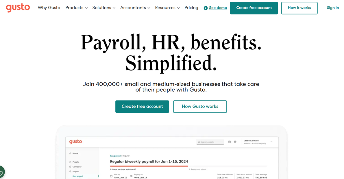 Gusto simplifies payroll, HR, and benefits for over 400,000 small and medium-sized businesses.