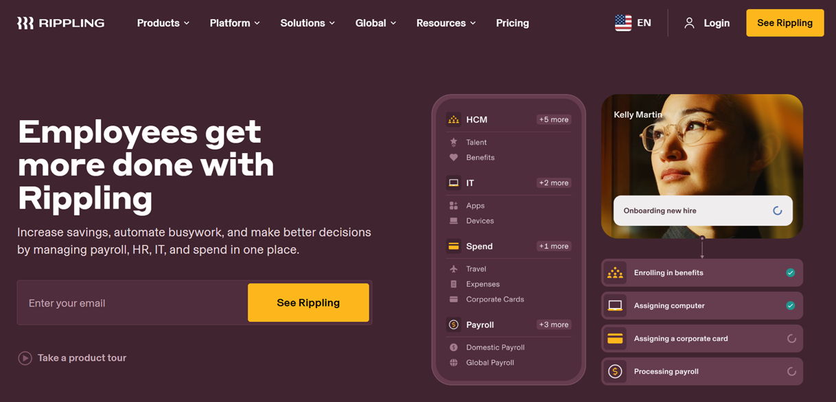 Rippling boosts productivity by automating payroll, HR, IT, and expense management on a unified platform.