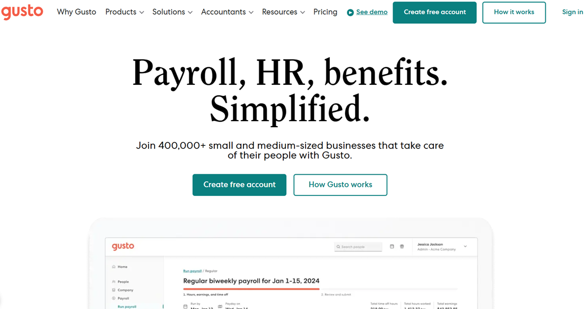 Gusto simplifies payroll, HR, and benefits for over 400,000 small and medium-sized businesses.