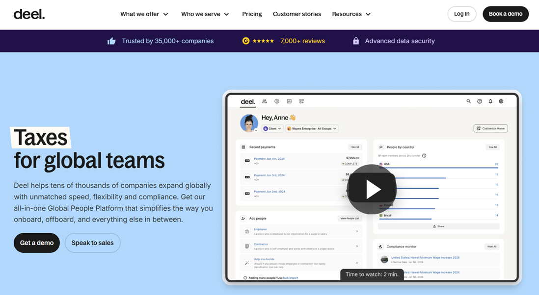 Deel simplifies global team management with fast onboarding, payroll, compliance, and tax solutions for companies expanding internationally.