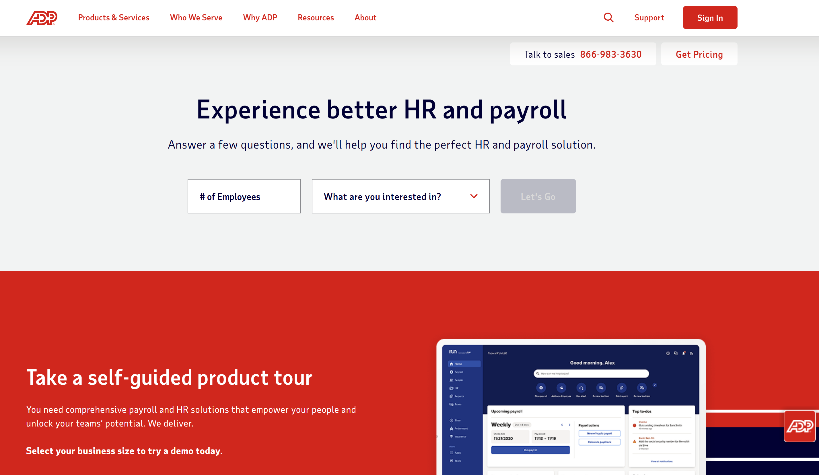 ADP’s homepage offers a unified view of payroll, HR, and workforce management tools, making it easy for businesses to access essential services and insights.
