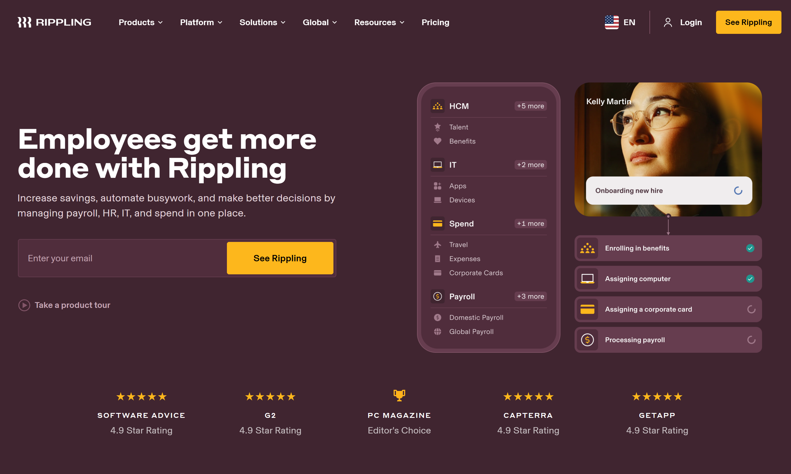 Rippling’s dashboard unifies HR, payroll, IT, and finance tools for easy workforce management in one platform.