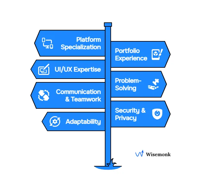 Key skills for top mobile app developers include platform expertise, UI/UX design, teamwork, adaptability, portfolio experience, problem-solving, and strong security awareness.