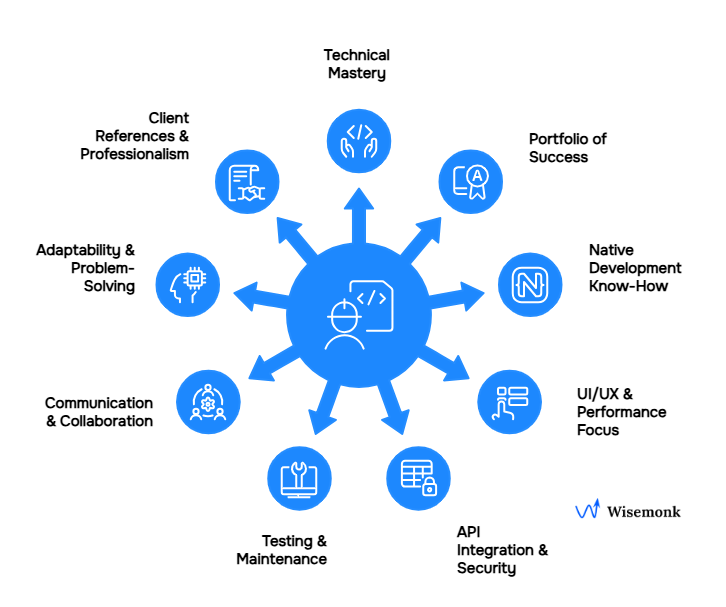 Key factors for hiring a React Native developer in India: technical mastery, portfolio, native skills, UI/UX, API security, testing, communication, adaptability, and client references.