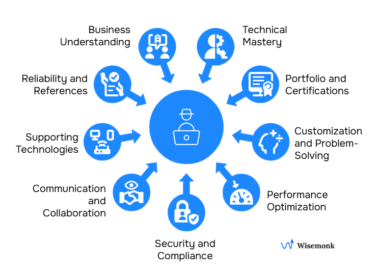 Key factors for hiring a Magento developer in India: expertise, certifications, security, problem-solving, performance, communication, support, and compliance.