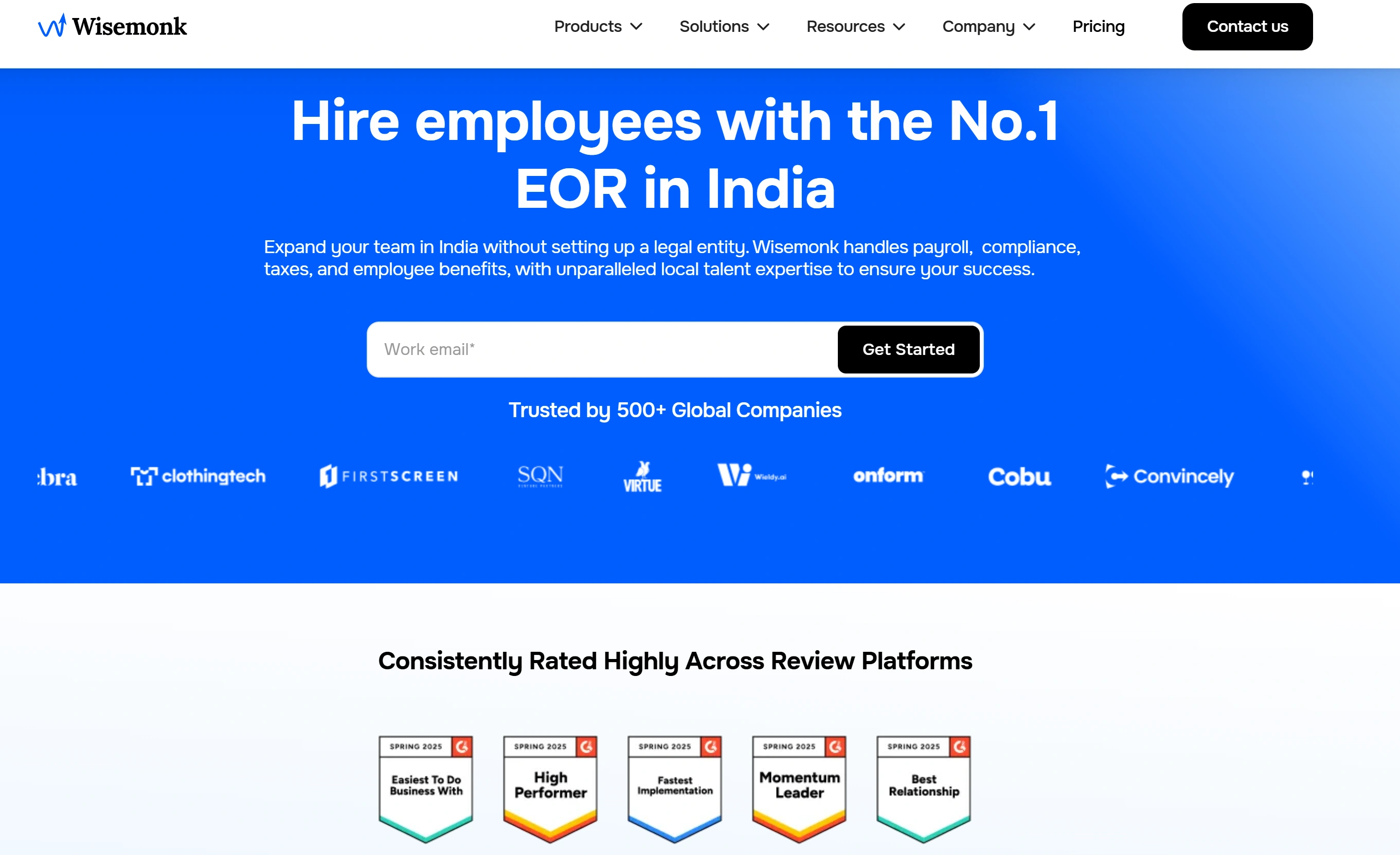 Wisemonk homepage showcasing global EOR services for startups and remote teams
