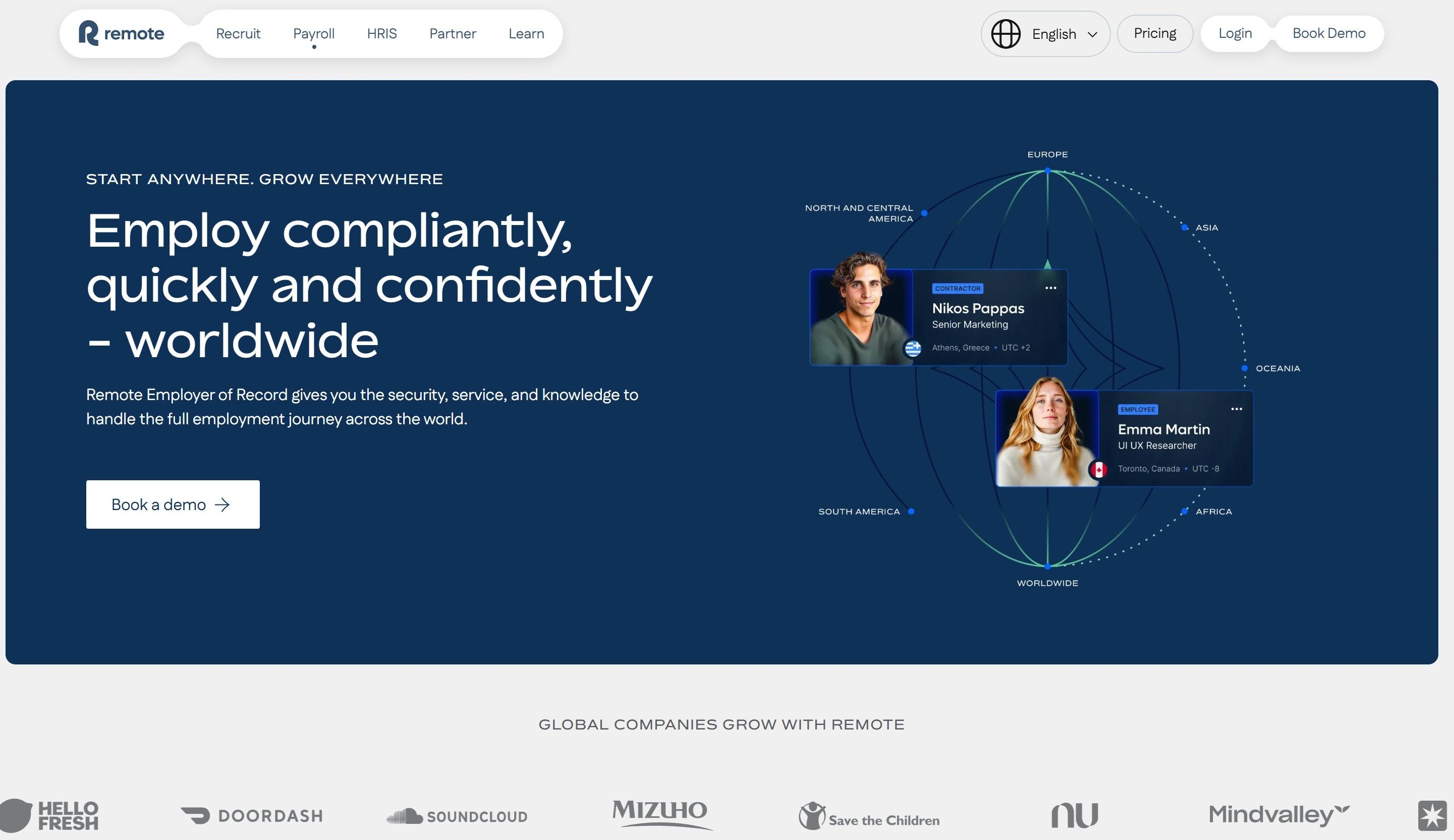 Remote.com homepage highlighting EOR and contractor management in 50+ countries