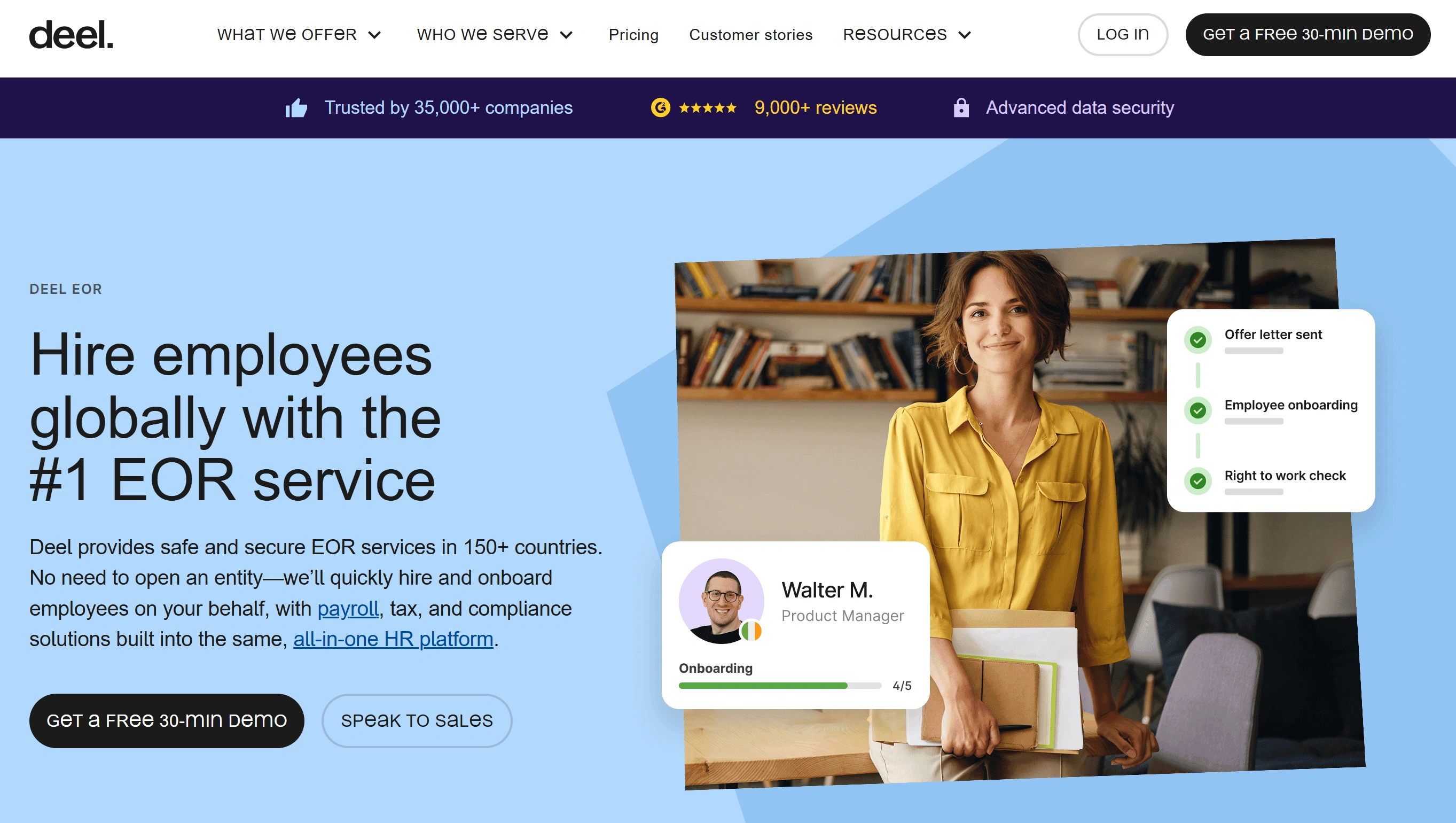 Deel homepage presenting EOR and payroll services for employees and contractors worldwide