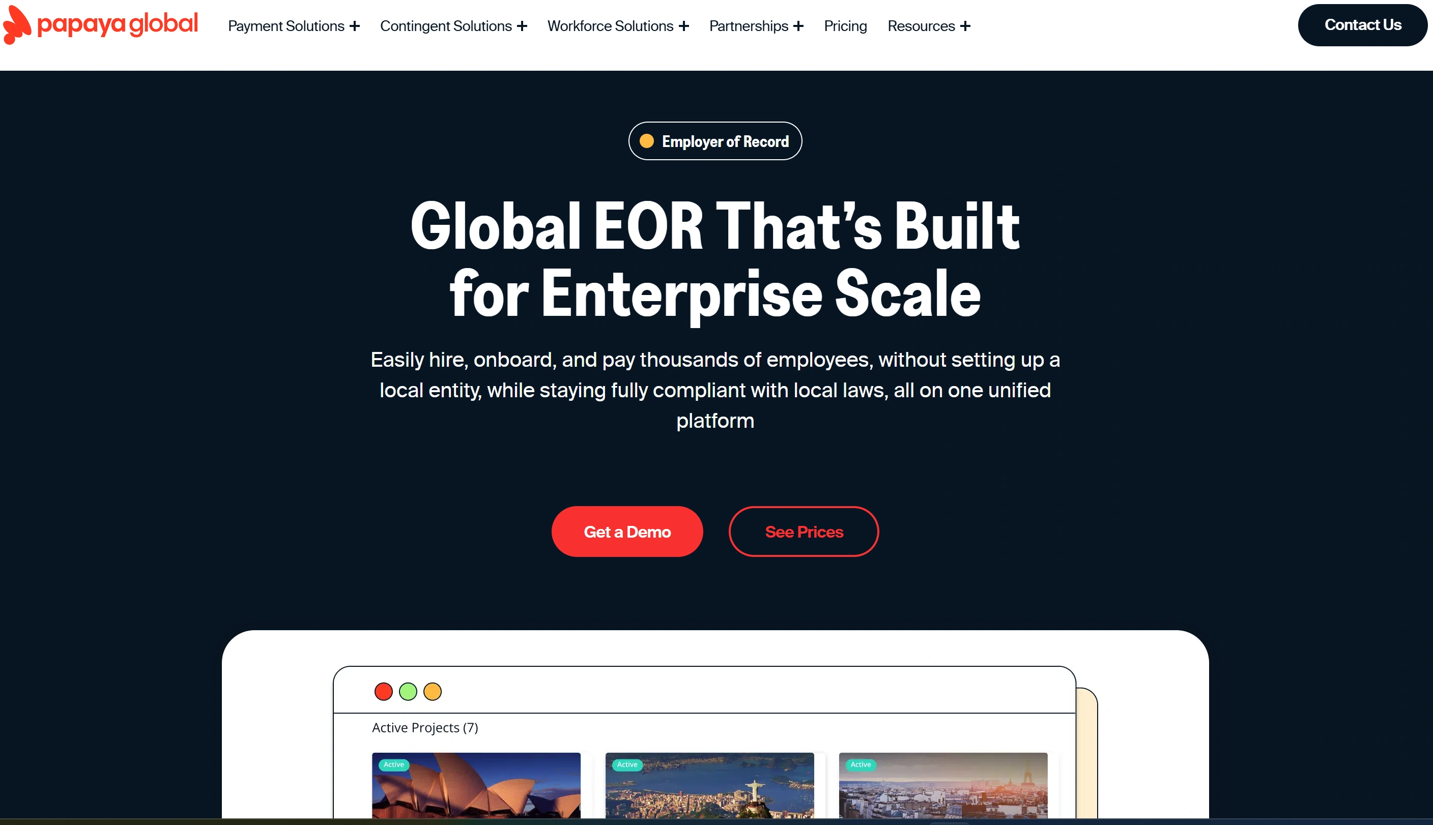 Papaya Global homepage emphasizing automated payroll and compliance in 160+ countries