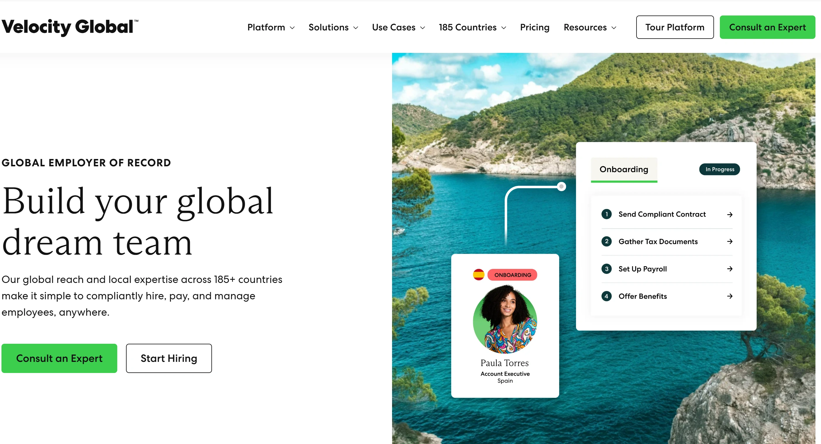 Velocity Global homepage featuring EOR, onboarding, and immigration support