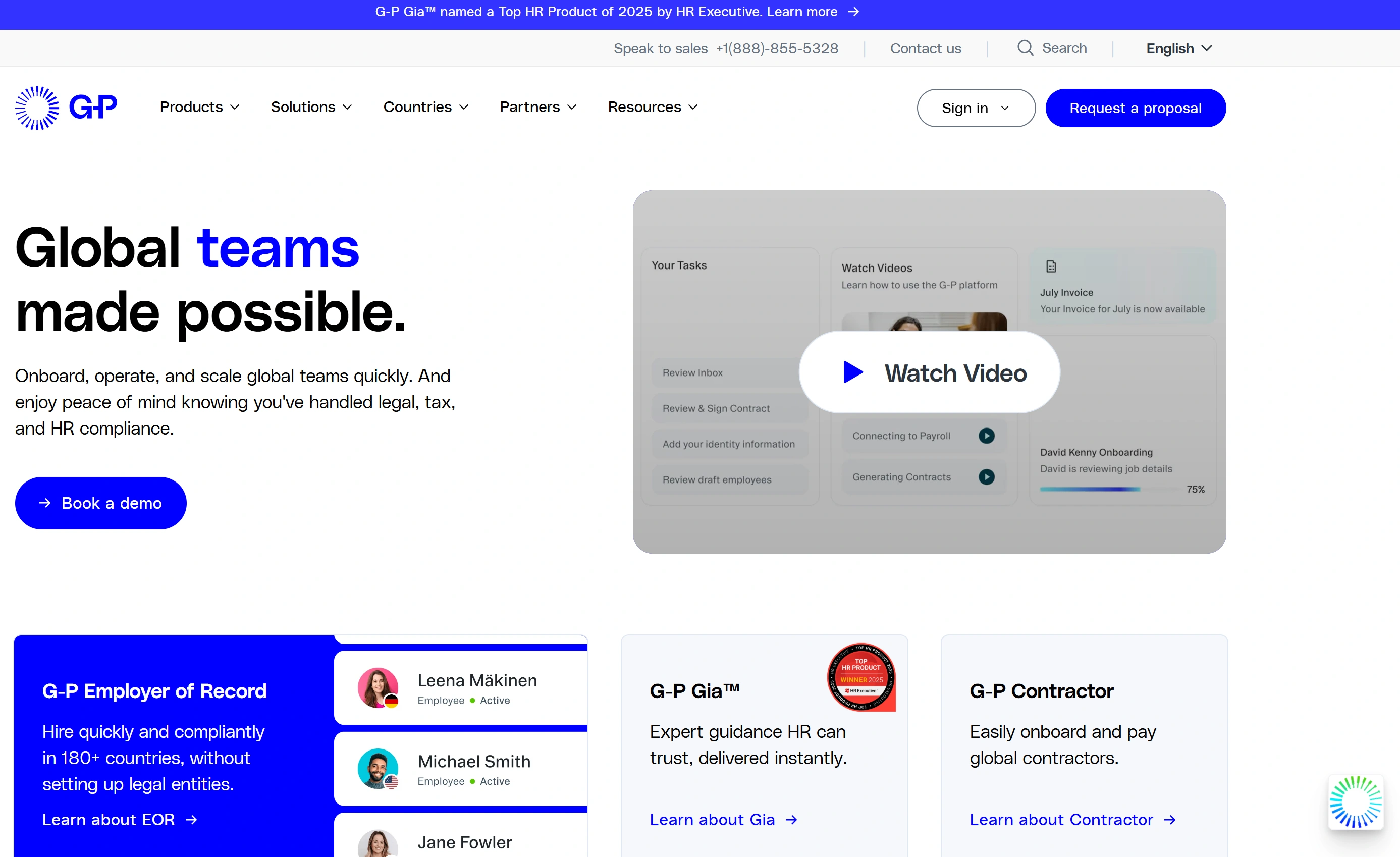 Globalization Partners homepage highlighting global hiring without local entities