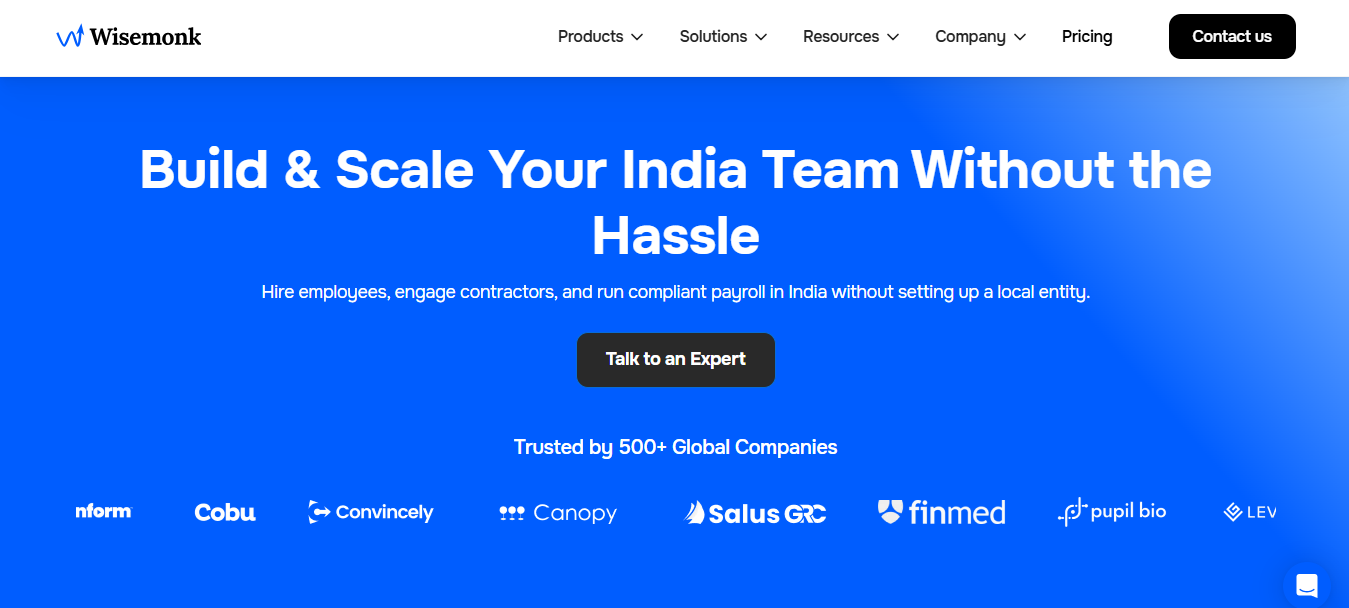 Wisemonk Employer of Record platform dashboard for managing hiring, payroll, benefits, equipment, and compliance