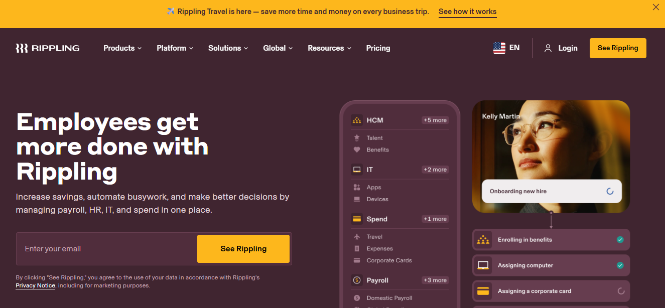 Rippling dashboard showing HR, payroll, and IT tools.