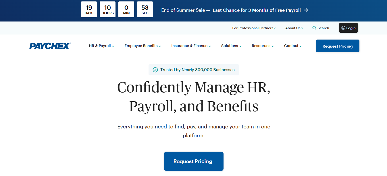Paychex platform displaying HR, payroll, and benefits options.