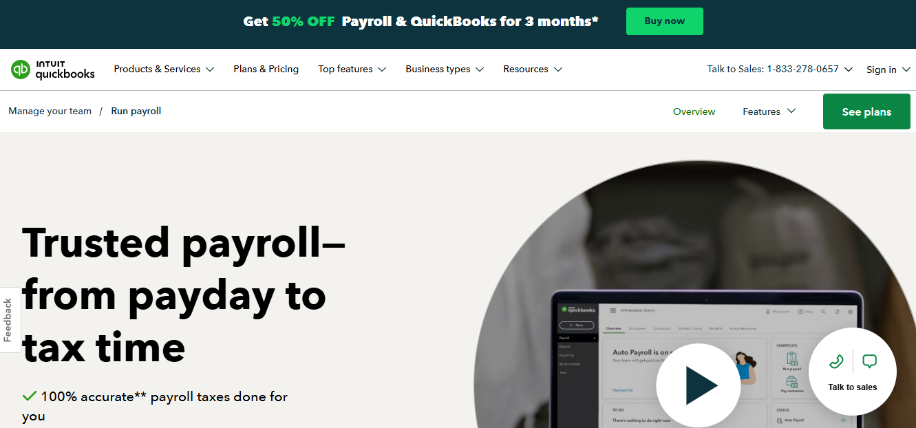 QuickBooks Payroll interface for employee payments and tax handling.