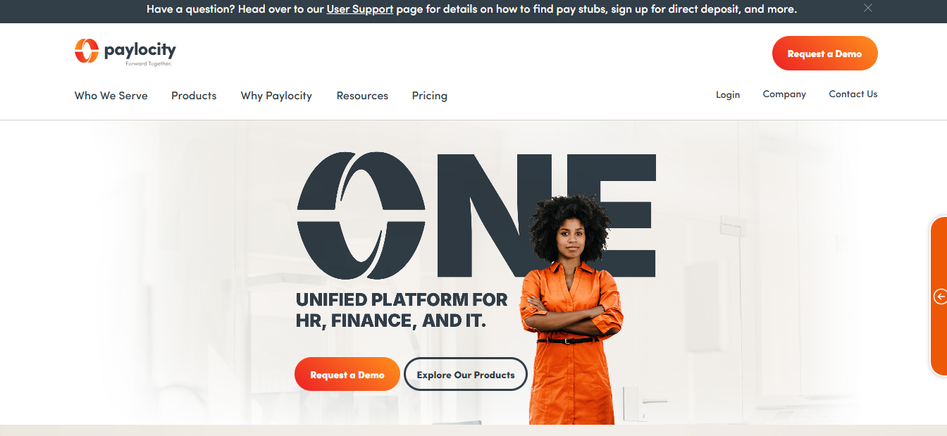 Paylocity platform with HR, payroll, finance, and IT tools.
