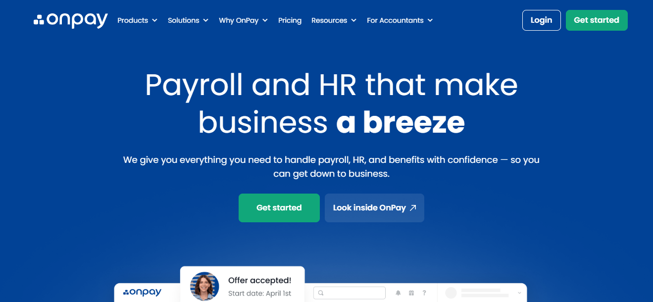 OnPay dashboard for payroll, tax filing, and benefits.