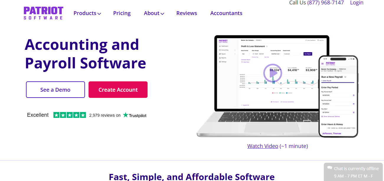 Patriot Software interface for accounting and payroll.