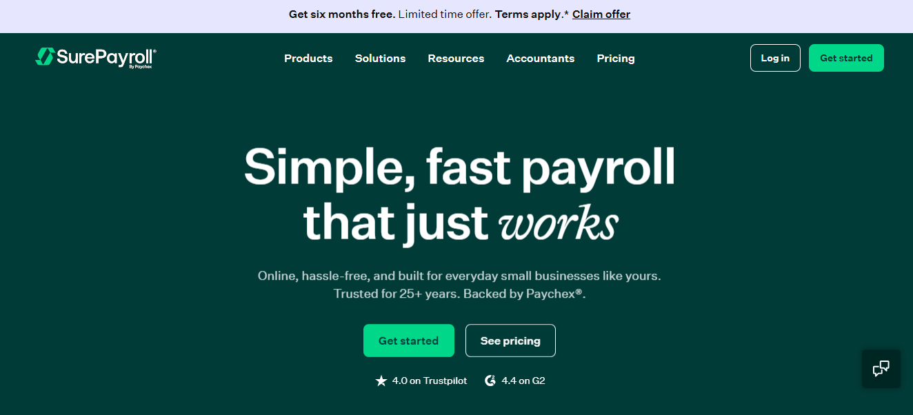 SurePayroll dashboard with payroll and tax filing features.