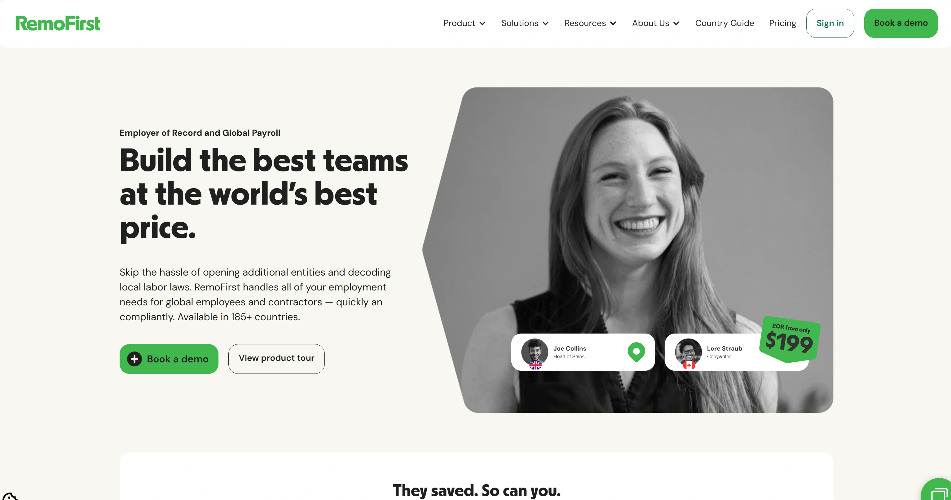 Remofirst homepage displaying EOR services, contractor management, and global workforce solutions.