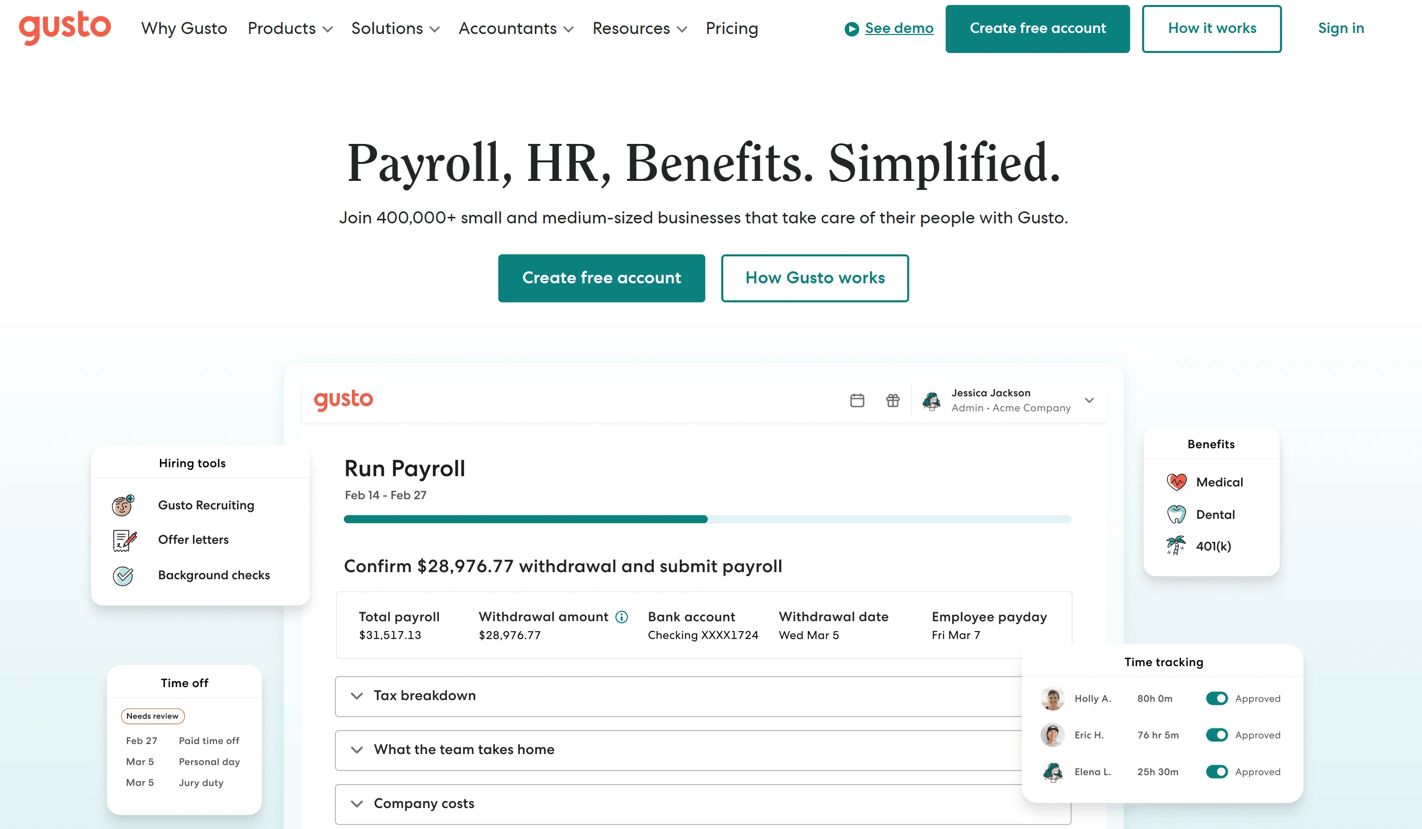 Gusto payroll and HR software homepage highlighting payroll, benefits, and compliance tools.