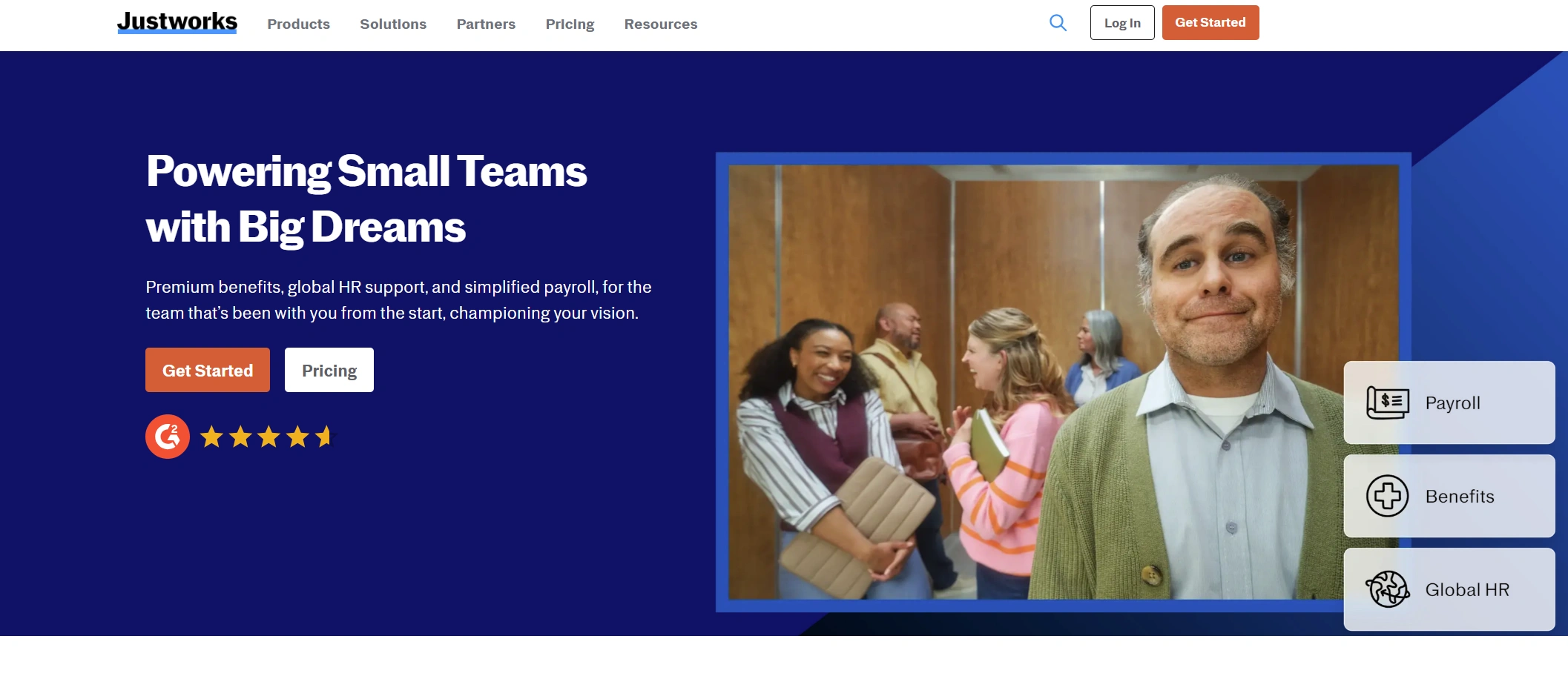 Justworks PEO platform homepage showcasing payroll, HR, and compliance services.