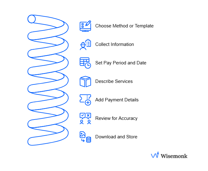 Visual graphic of 7-step guide to generate contractor pay stubs: from choosing a template to reviewing and sharing payment details.