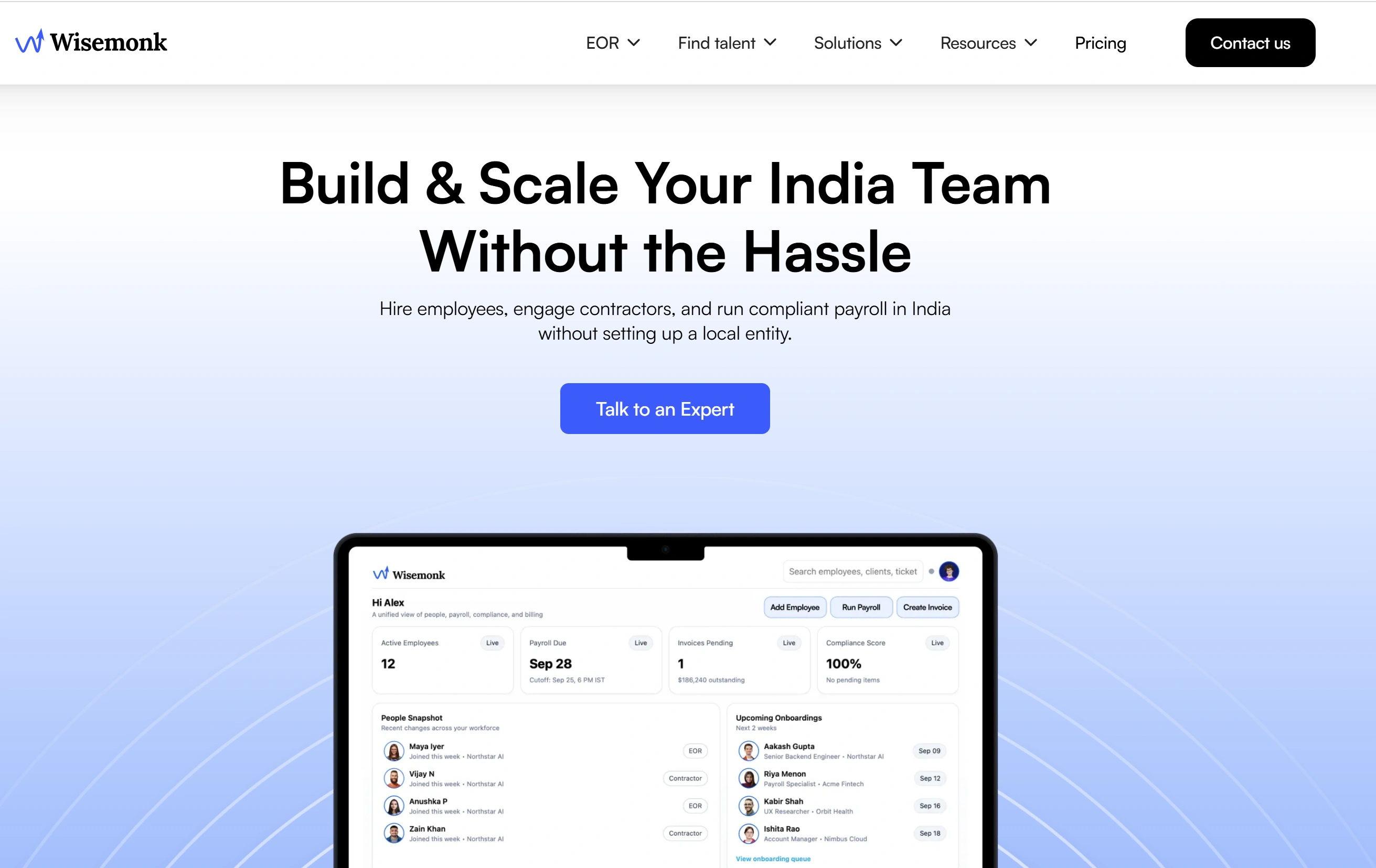 Wisemonk PEO services in India with compliance and HR support