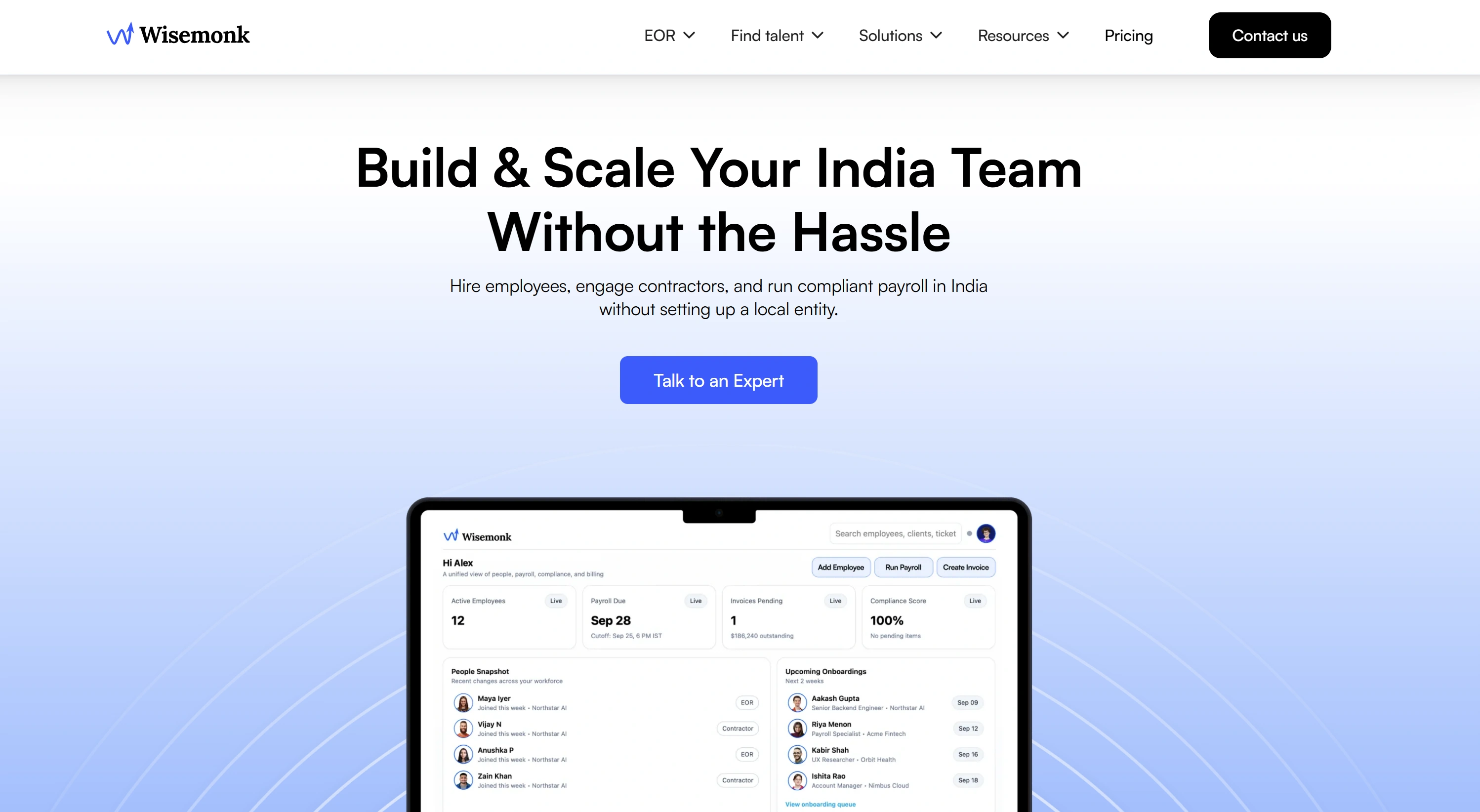 Wisemonk offers India-specific EOR services, ensuring compliant global employment and streamlined payroll processing for businesses expanding into India.