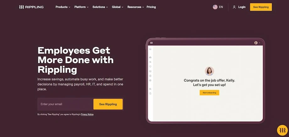 Rippling helps employees work smarter by automating payroll, HR, IT, and expenses for increased savings and better business decisions.