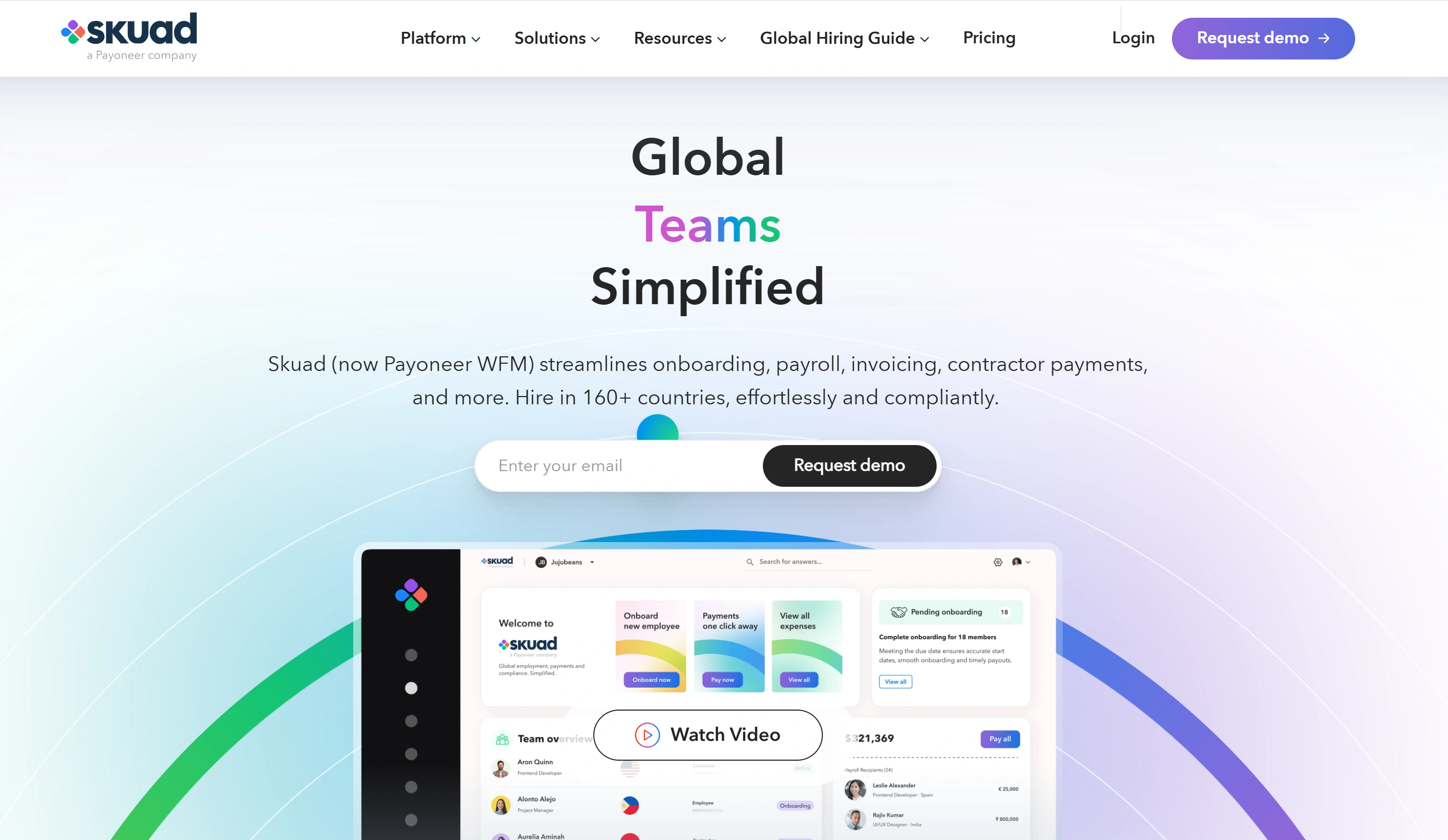 Skuad offers global payroll and compliance management for international teams, providing an easy-to-use platform for hiring and managing employees in over 160 countries.