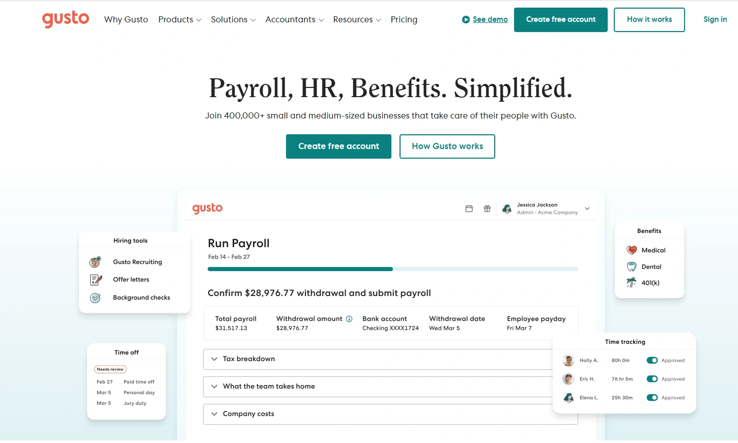 Gusto HR and payroll platform interface for small businesses showcasing payroll processing, tax filings, employee self-service, and benefits management features.