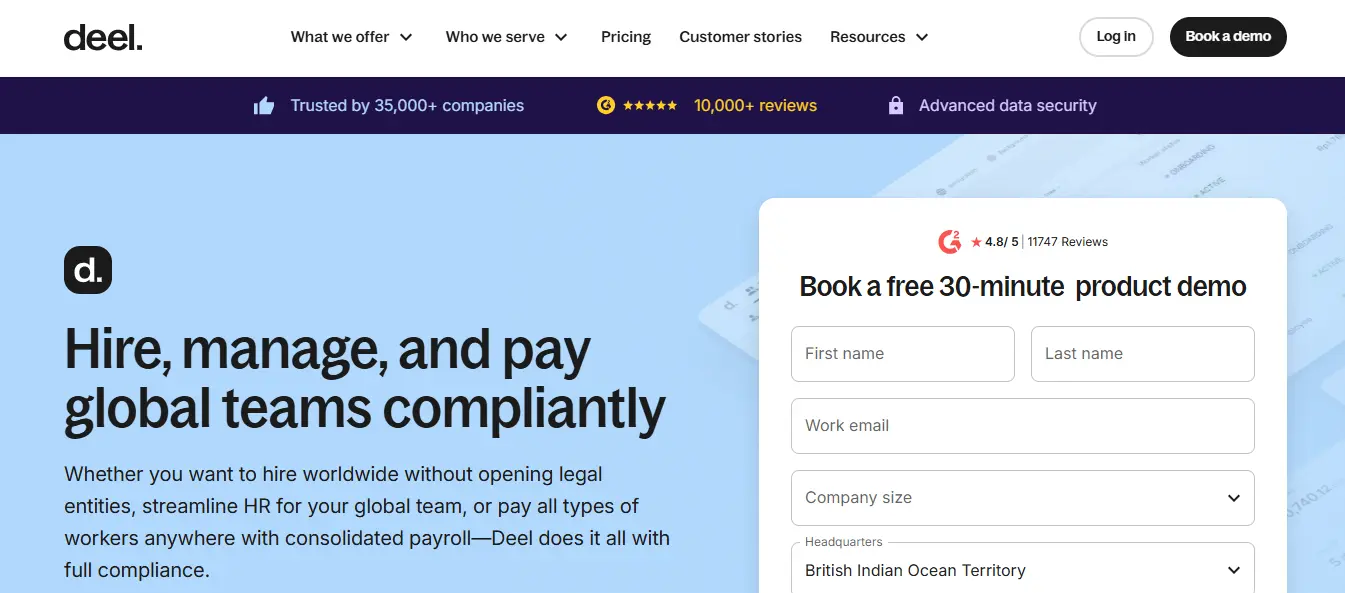 Deel global employment platform showing international hiring, payroll, and contract automation features.
