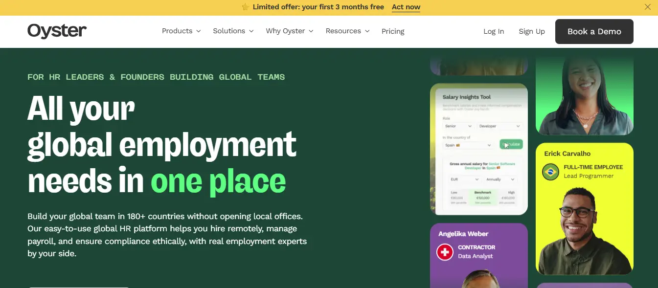 Oyster HR platform showcasing global hiring workflows, compliant agreements, and benefits management.