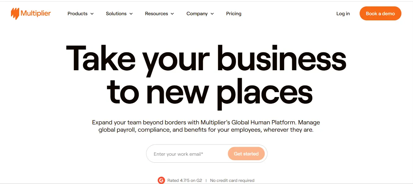 Multiplier platform displaying global payroll, benefits, and multi-country compliance features